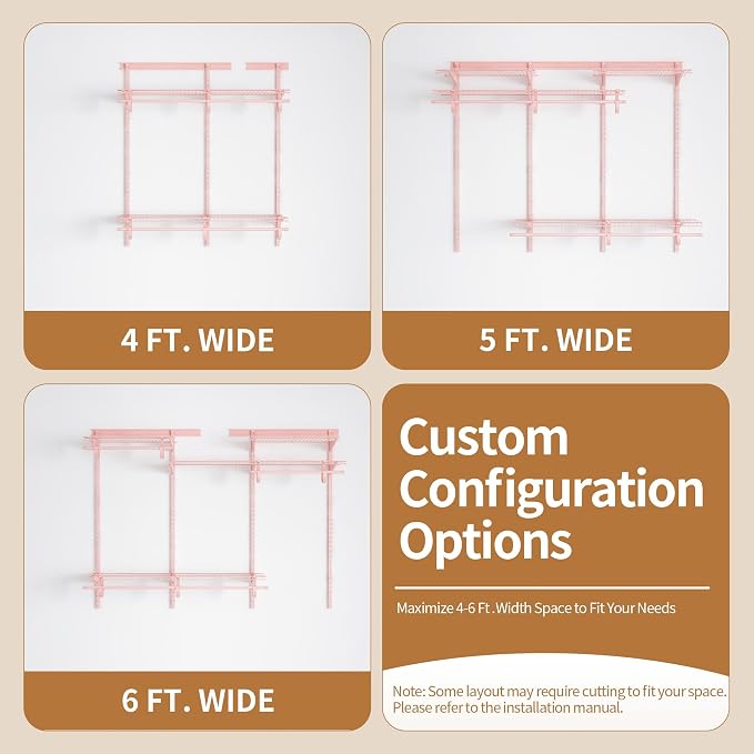 PROWORX 4-6 Ft. Expandable Closet Organizer System, Pink Custom Metal Wire Closet Shelving, Organizers and Storage Shelves Wall Mounted with Hanging Rods
