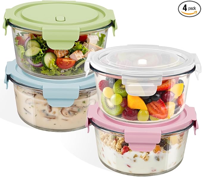 25oz Glass Meal Prep Containers for Food Storage with Airtight Lids, 4 PACK | Leakproof丨Air Vent Lid丨Borosilicate Glass丨BPA-Free丨Soup Lunch Leftovers丨Microwave Oven Dishwasher&Freezer Safe丨Round