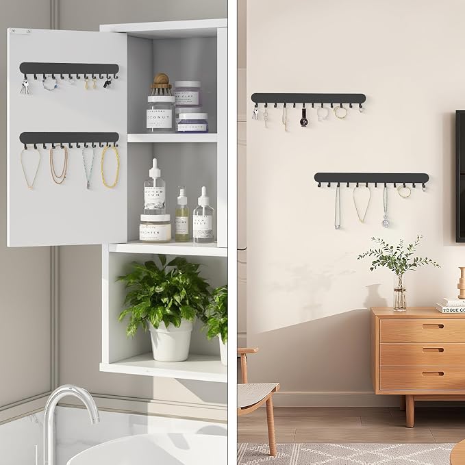 Necklace Holder - Wall Hanging Jewelry Organizer | Self-Adhesive Wall Mounted for Necklaces, Bracelets, 2 Pack, Black