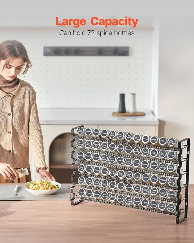 VEVOR Spice Rack Organizer for Cabinet, Spice Organizer with 72 Empty Spice Jars, Lids, Spice Labels, and Funnel Complete Set, Seasoning Organizer for Countertop, Kitchen, Pantry, Cupboard, 23x16 in