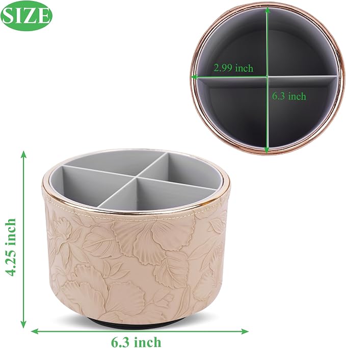 Round Leather Art Supply Organizer,Remote Control Holder,360 Degree Spinning,Multi-Functional Pencil Holder,4 Compartments Desktop Stationary Organizer(1-Golden Apricot)