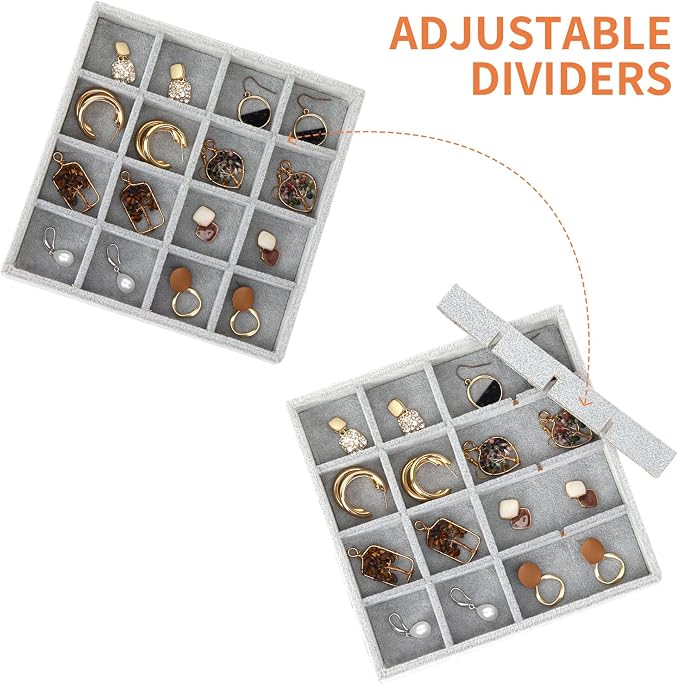 Fixwal Jewelry Organizers and Storage, 14in Stackable Jewelry Drawer Organizer, Set of 5 Jewelry Trays with Removable Dividers, Multi-Layer Tray for Earrings Necklaces Bracelets Watches, Grey