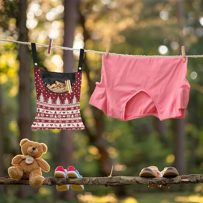 Red Fair Isle Reindeer Clothespin Bag Laundry Hanging Storage Organizer with Rope Clothespin Holder with an Extra Large Opening for Clothesline Outdoor Clothespins Storage with Hanger Hook