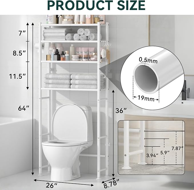 GloTika 4-Tier Over The Toilet Storage Shelves, White | 200lb Total Capacity, Metal Bathroom Organizer with 36" Clearance, Includes Paper Holder & 4 Hooks, Suit for Small Space