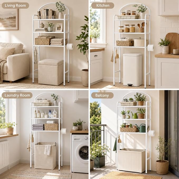 3 Tier Over The Toilet Storage Rack, Bathroom Organizer | Toilet Storage with 4 Hooks & Paper Holder, Space-Saving, Freestanding Bathroom Shelf, Metal, White