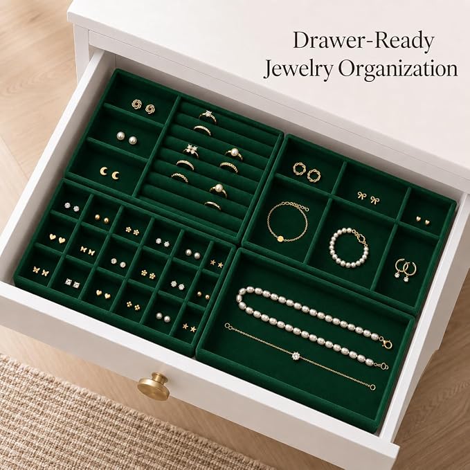 4 Pack Stackable Jewelry Organizer Tray Set - Velvet Display Case | for Rings Earrings Necklaces, for Drawer Organization, Can Stacked