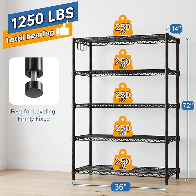 5 Tier Wire Metal Shelving: Adjustable Pantry Storage Shelves, NSF Bakers Rack Heavy Duty Garage Shelving Unit, Utility Shelf Organizer for Closet, Kitchen, 72" H x 36" W x 14" D, 4 PCS
