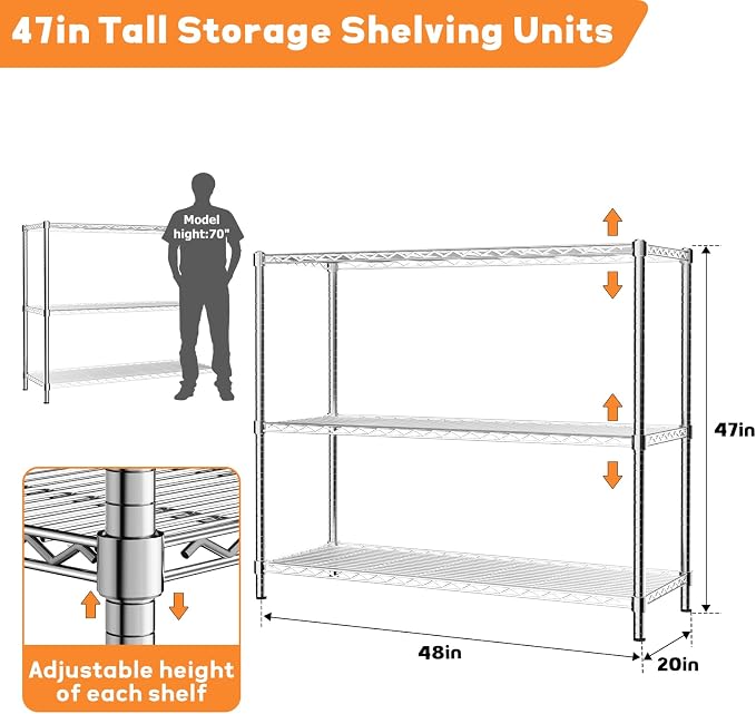 ROOMTEC 3-Tier Wire Shelving Unit,48" W*20" D*47" H,Max Load 1200 lbs | Small Garage Shelves, Heavy Duty Storage Shelf, Adjustable Metal Shelf Rack for Kitchen, Laundry, Pantry, Warehouse, Basement