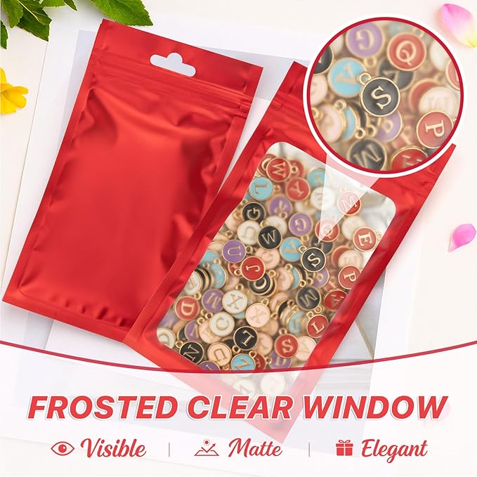 100 PCS Resealable Mylar Bags with Zipper and Frosted Clear Window Smell Proof Packaging Bags Foil Pouch Zipper Bag for Food Self Sealing Storage Supplies (Red, 2.75×3.93)