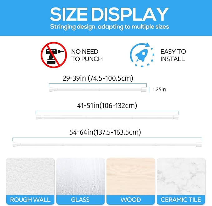 1 Pack Spring Tension Rods 30-64IN, 7/8 Inch Diameter White No Drill Spring Loaded Adjustable Extendable, Small Short Tension Curtain Rod for Windows Kitchen Doorway Closet Cupboard