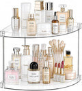 2 Tier Clear Corner Bathroom Counter Organizer, Vanity Countertop Storage Shelf for Makeup, Skincare, Perfume, Kitchen & Sink Organization, Space‑Saving Triangular Design, with Metal Support