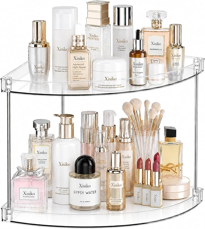 2 Tier Clear Corner Bathroom Counter Organizer, Vanity Countertop Storage Shelf for Makeup, Skincare, Perfume, Kitchen & Sink Organization, Space‑Saving Triangular Design, with Metal Support