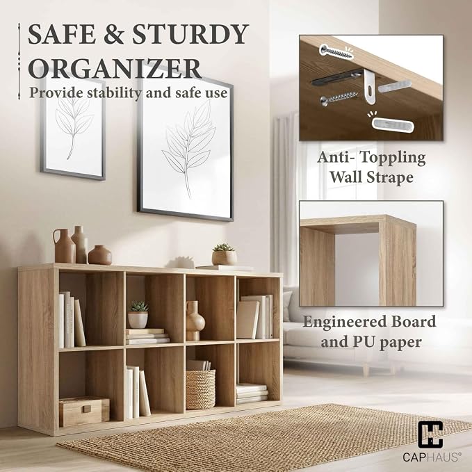 CAPHAUS Sturdy Room 13-Inch Cube Storage Organizer Shelf, with Extra Thick Exterior Edge, Open Storage Shelf Divider, Bookcase, 6-Cube, Natural Oak