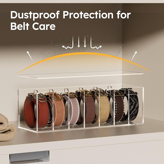 FEMELI Belt Organizer, Acrylic Belt Storage for Closet with Dust Cover, 7 Compartments Belt Container Display Holder for Drawer, Clear Belt Tie Case for Women Men Home | Acrylic Clear Shelf Belts Holders for Closet& Drawer Womens Men Belts Tie Jewelry ...