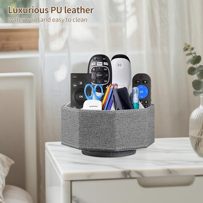 Swivel Remote Control Holder, 9 Rooms Desk Organizer and Decorations for Living Room, Leather Bedside Storage Caddy for TV Controllers/ Makeup Brush Pen/ Office Stationery/ Art Supplies/ Eyeglasses