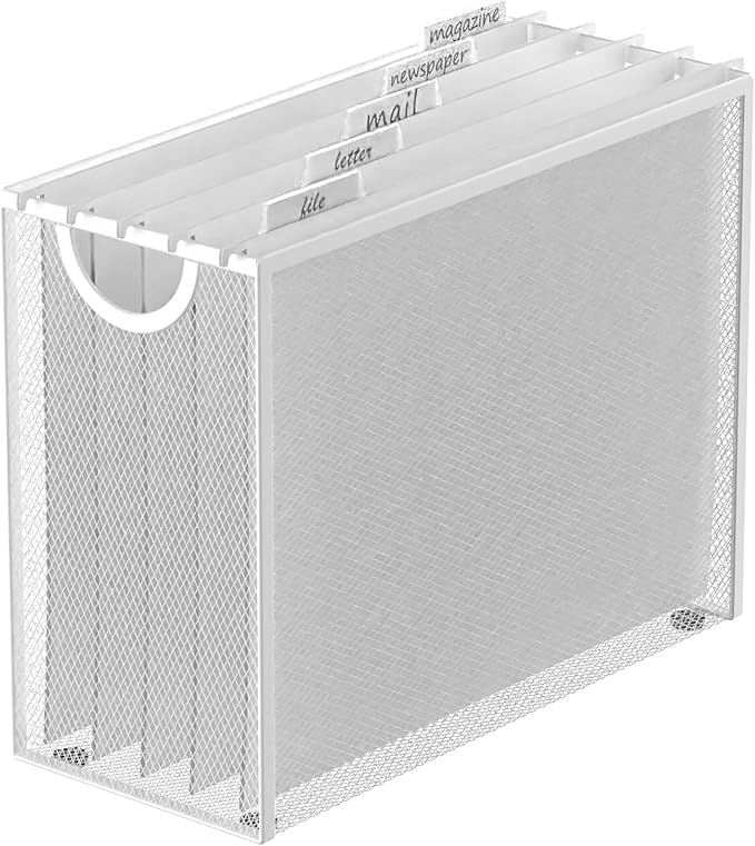 Sinboun Hanging File Organizer Letter-Size File Holder Filing Box Includes 5 Hanging Folders - Metal Mesh Magazine Letter Storage Cabinets File Cart for Office Home School, No Assembly Required White