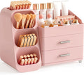 Booklov Large Makeup Organizer for Vanity Countertop, Pink | Plastic Cosmetic Display Case with Drawers, Beauty Brush Holder for Bathroom Counter, Skin Care Perfumes Storage