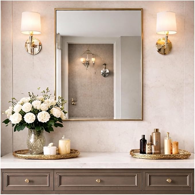 Head West Nordic Gold Stainless Steel Metal Framed Wall Mounted Vanity Mirror, Accent Decorative Mirrors for Wall Decor, Bathroom Mirrors for Over Sink, Bedroom, Living Room Entryway Hallway 24"x30"
