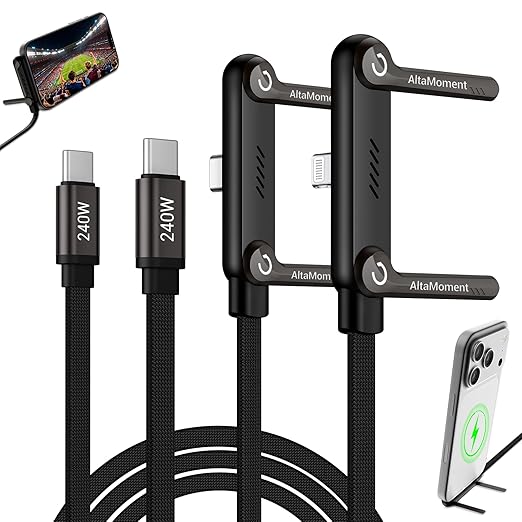 Invisible Holder Charger Cable, 240W PD Fast Charging Cable for Desk, USB-C to USB-C & USB to Light-ning Cable 4.9 FT with 360° Adjustable Metal Stand, 2 in 1 Holder Charger for Gaming, Office, Home