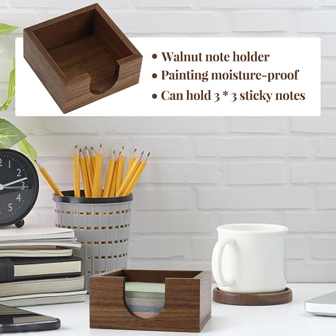 MultiBey Walnut Wood Sticky Note Holder, 3x3 Inch Self -Sticky Note Pad Holder for Desk, Post It Note Dispenser Memo Pad Holder Organizer for School Office Desk Supplies