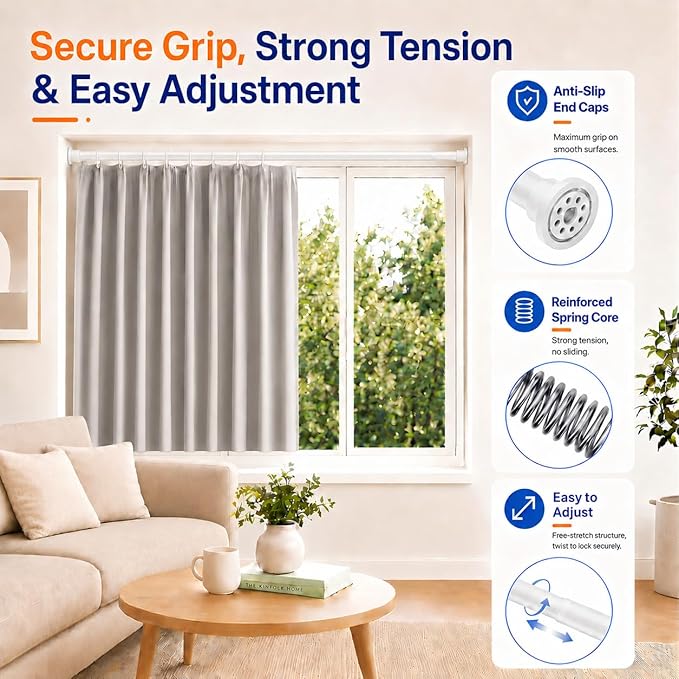 ALLZONE Shower Curtain Rod No Drill, 42-83 Inches, Heavy Duty Tension Curtain Rod, Rustproof Shower Rods for Bathroom, Adjustable Spring Tension Rods for Windows, White