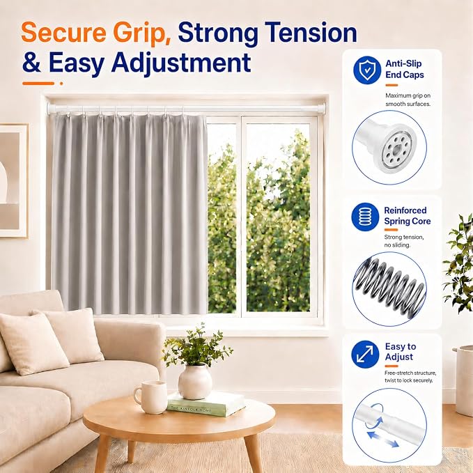 ALLZONE Adjustable Tension Curtain Rod, 42 to 78 Inches, Spring Loaded Curtain Rods No Drilling, Renter Friendly Tension Rod for Windows, Shower, Closet, No Drill, Non-Slip, White
