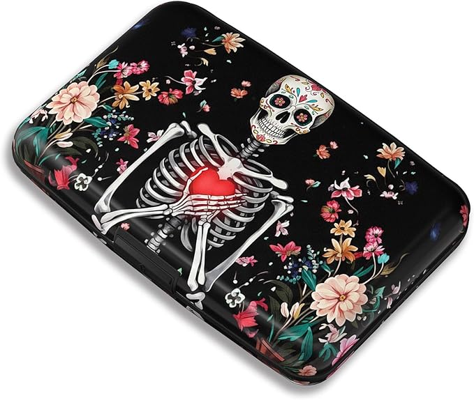 Maicican RFID Blocking Aluminum Credit Card Holder | Slim Metal Wallet for Women & Men, Business Card Case for Travel, Fits Front Pocket, Card holder wallet - Flower Skull