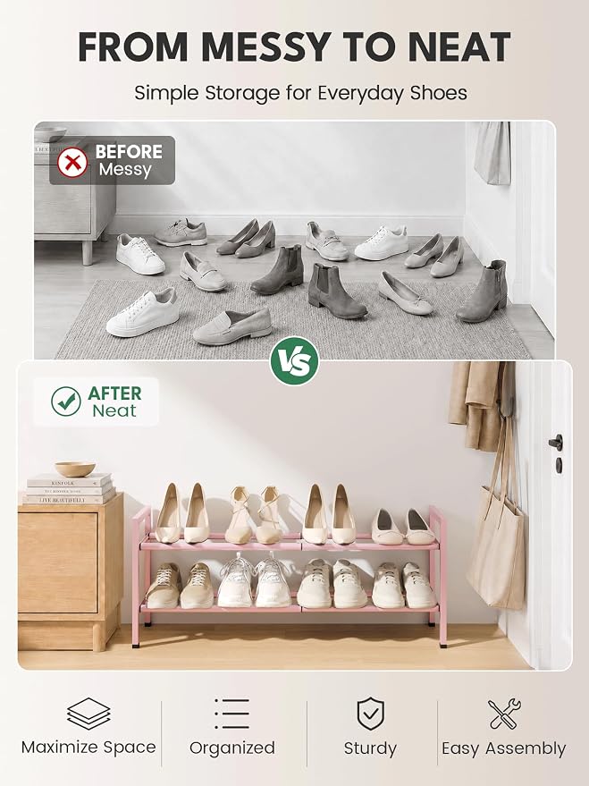 Bumusty 2-Tier Expandable Shoe Rack for Closet, 18“-33” Adjustable Shoe Rack for Small Space, Small Shoe Organizer for Front Door, Sturdy Metal, Pink