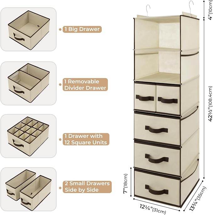 GRANNY SAYS Hanging Closet Organizers and Storage 6 Shelves, Closet Hanging Organizer with 5 Drawers, 6 Side Pockets Hanging Storage Organizer, Portable Clothes Organizer for Closet, Beige
