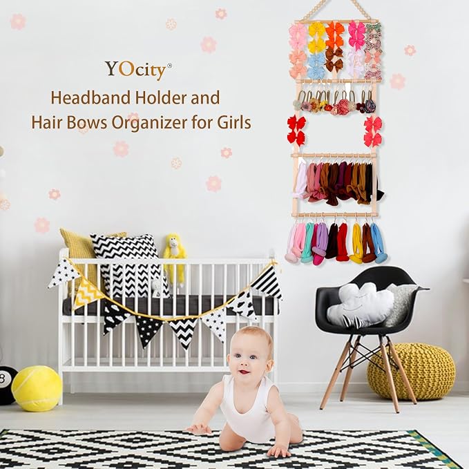 YOcity Baby Headband Holder and Organizer - Holds Head Bands, Bows & Accessories - Storage for Toddler Nursery & Girl's Room (Beige)