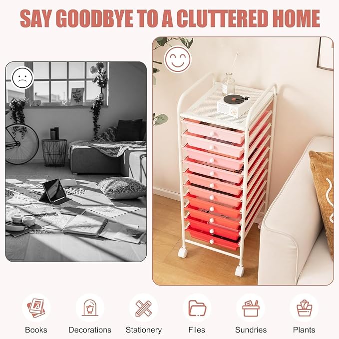 LDAILY 10-Drawer Rolling Storage Cart, Rolling Storage Cart, Storage Organizer on Wheels, Metal Frame, Scrapbook Paper Tools, Suitable for Office School, Classroom (Gradient Pink, 10 Drawer)