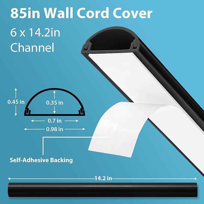 ZhiYo 85in Cord Covers for 1-2 Wires on Wall, D-Shaped 1" W x 0.4" H, Black | Curved Design, Low-Profile Cord Hider, Self-Adhesive Cable Management Raceway for Wall-Mounted TV Wires, 6 Pack (14.2" Each)