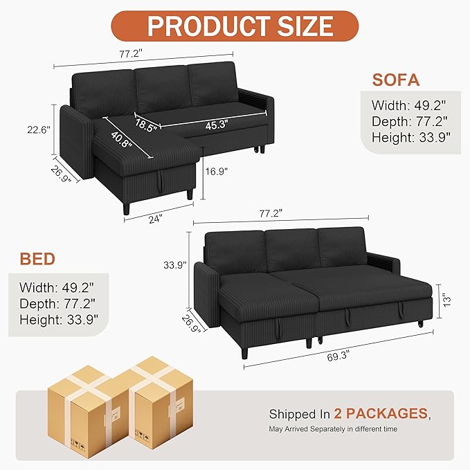 Vongrasig Pull Out Couch, 2 in 1 Small Sofa Bed Sleeper Sofa with Storage, 77" L Shaped Convertible Sofa with Storage Chaise for Living Room, Apartment, Black