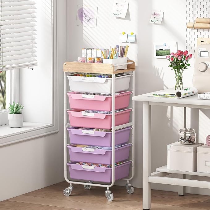 SYKIARIOL Utility Cart with 6 Labeling Drawers and Wooden Tabletop – Rolling Storage Cart for Crafters, Artists, Kids, Teachers, and Students – Organize Arts, Crafts, Sewing & Study Supplies