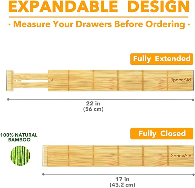 SpaceAid Bamboo Spice Drawer Organizer and Bamboo Drawer Dividers with Inserts and Labels, Kitchen Adjustable Drawer Organizers