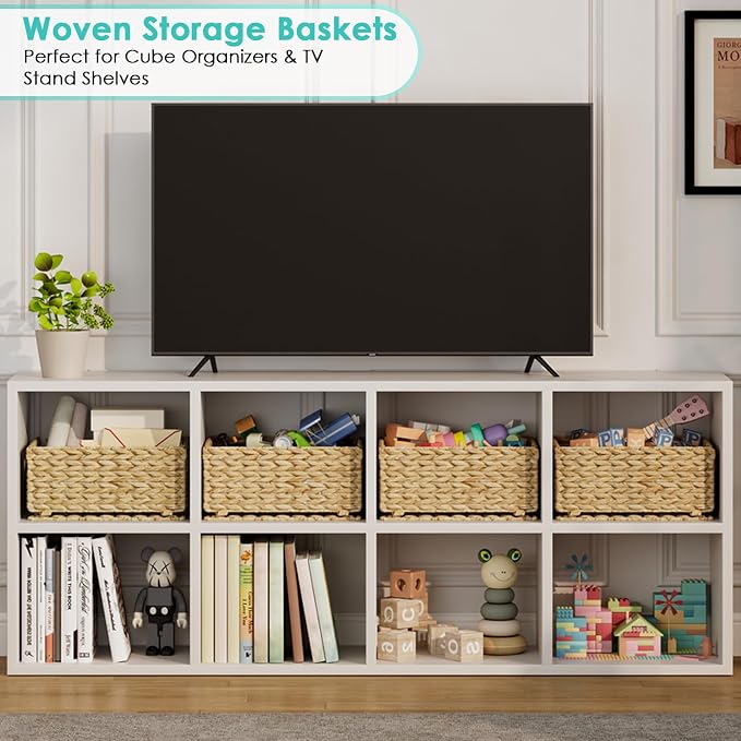 Pantry Wicker Storage Baskets for Shelves, 4 Pack Small Woven Baskets for Storage, Handmade Pantry Organizers and Storage, Boho Decor Water Hyacinth Pantry Organization - Natural