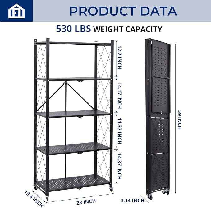 5 Tier Foldable Storage Shelf with Wheels, Heavy-Duty Metal Shelving Unit, No Assembly Book Shelf Rolling Storage Rack for Garage, Kitchen, Pantry, Closet, Exhibition, Office Decor, Black