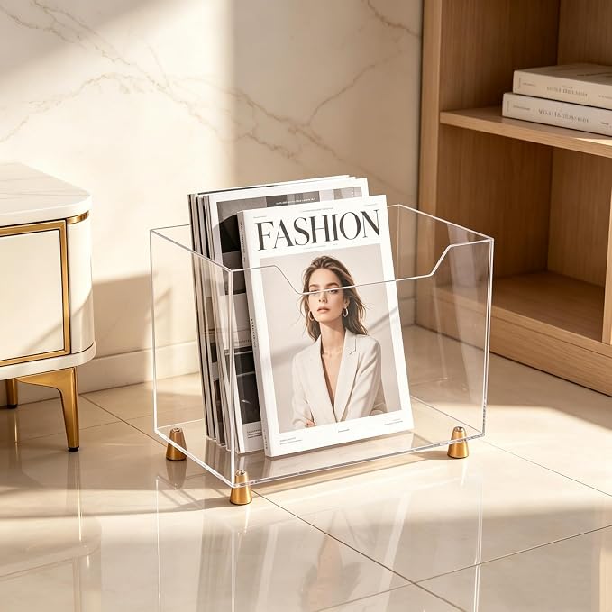Acrylic Magazine Holder, Crystal Clear Magazine Rack Floor for Home Office | Newspapers Files Books Organizer with Metal Feet for Bathroom, Living Room, Bedroom