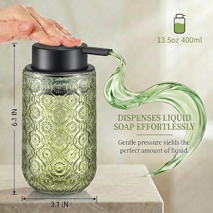 Green Glass Liquid Hand Soap Dispenser with Matte Black Pump Thick Embossed Bottle Refillable for Bathroom and Kitchen Decor 13.5 oz