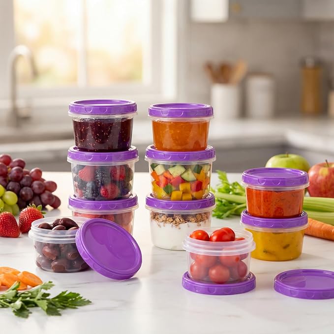Sieral 16 Pack 8 oz Freezer Containers with Lid Reusable Deli Freezer Storage Containers Stackable Plastic Ultra Thick Twist Top Jar for Takeout Food Round Wide Mouth Lunch Snack (Purple)
