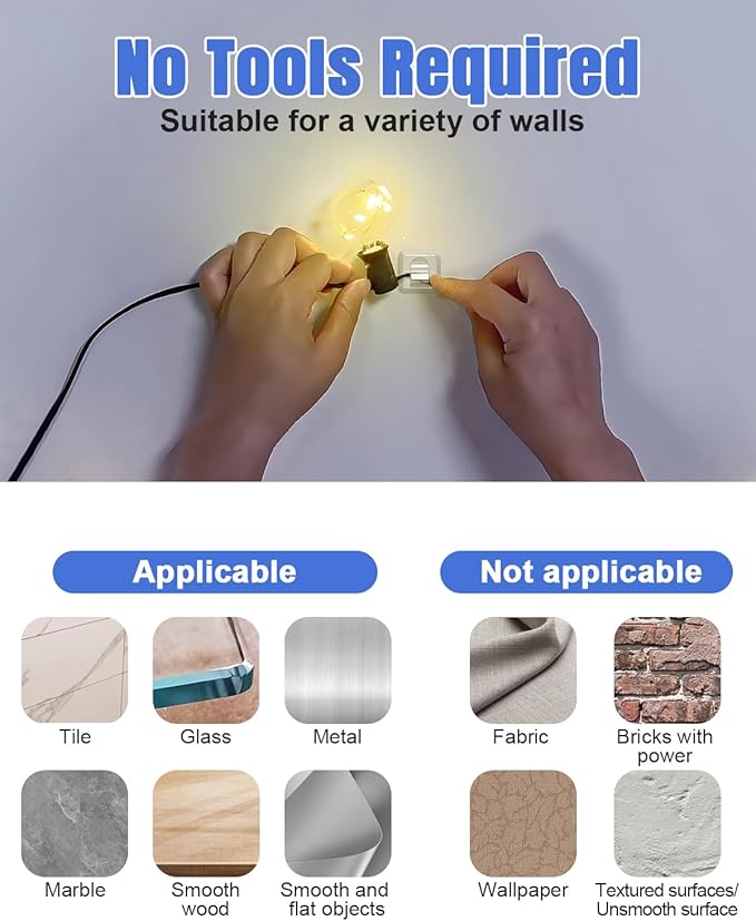 LZC Hooks for Outdoor String Lights Clips: 50 Pack Square Clear Large Heavy Duty Light Hook Waterproof Adhesive Strips - Outside Hanging Rope Light Cable Cord Holders Organizer