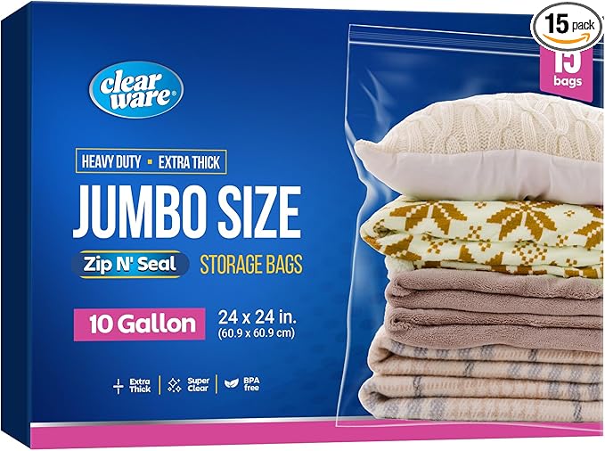 15 Count - Large Storage Bags With Zipper Top, 10 Gallon Size 24" x 24", Extra Large Plastic, For Clothes, Travel, Moving, BPA-Free, Heavy Duty 3-Mil Thick