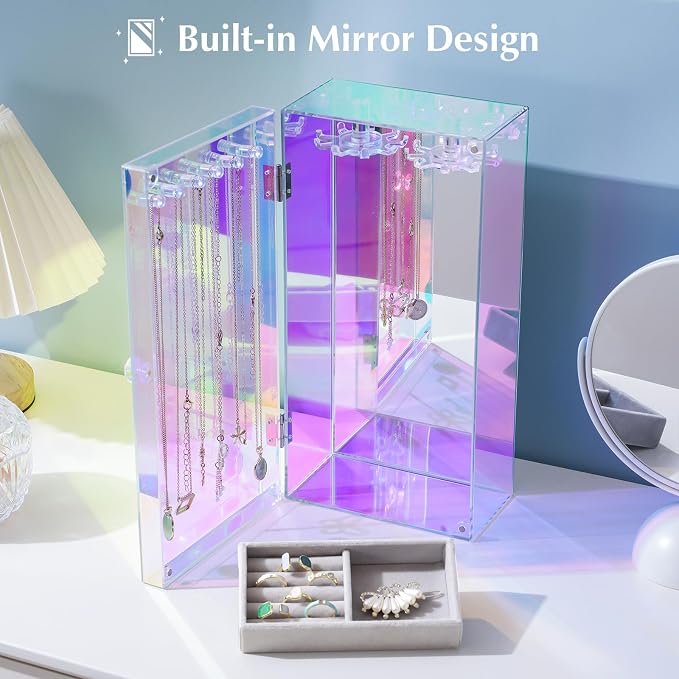 Lolalet Necklace Holder Organizer, Acrylic Jewelry Organizer with 24 Hooks, Rotating Clear Necklaces Display Box with Built-in Mirror, Dust-proof Jewelry Storage Case with Velvet Tray -Lasermirror