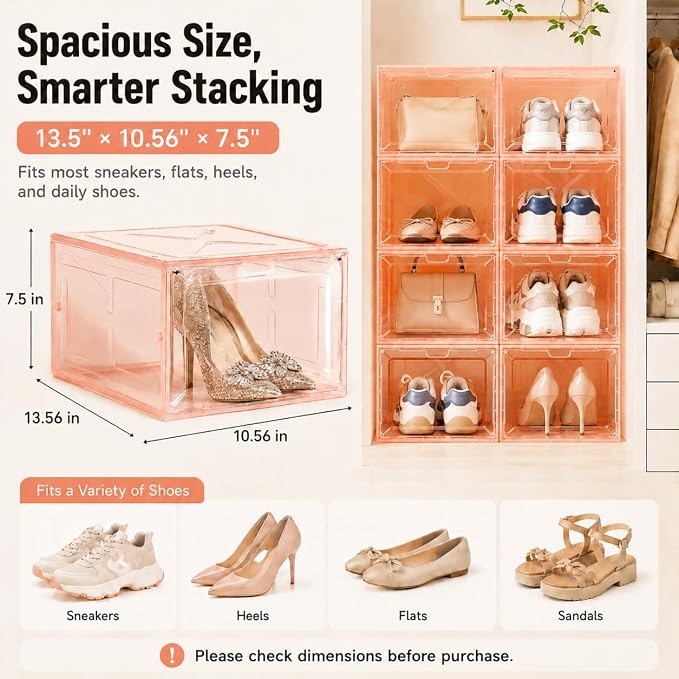 Translucent Pink Shoe Storage Boxes, 2026 2nd Gen Thickened Hard Plastic Stackable Organizer with Magnetic Door, Folding Shoe Racks for Closet, Decorative Sneaker Display Cases, 6 Pack