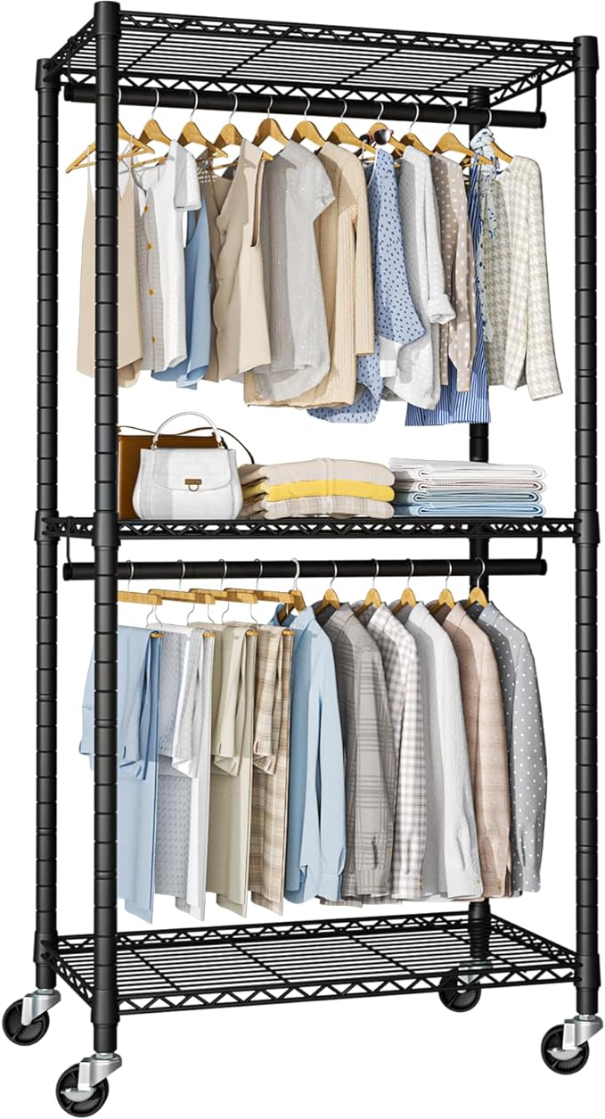 FUTASSI Heavy-Duty Portable Closet, 30"W x 14"D x 76"H, Black, Carbon Steel | Metal Rolling Clothing Rack, Closet System with Wheels and Shelves for Hanging Clothes, Portable Wardrobe Organizer Storage