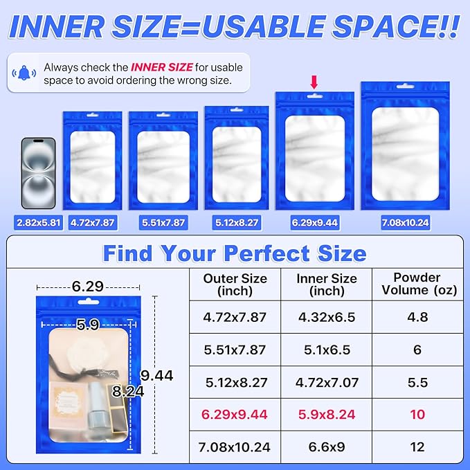100 PCS Resealable Mylar Bags with Zipper and Frosted Clear Window Smell Proof Bags Packaging Bag Foil Pouch Zipper Bag for Food Self Sealing Storage Supplies (Blue, 6.29x9.44)