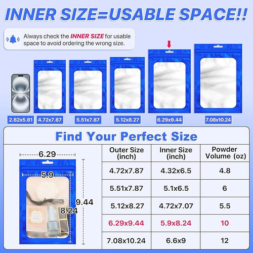 100 PCS Resealable Mylar Bags with Zipper and Frosted Clear Window Smell Proof Bags Packaging Bag Foil Pouch Zipper Bag for Food Self Sealing Storage Supplies (Blue, 6.29x9.44)
