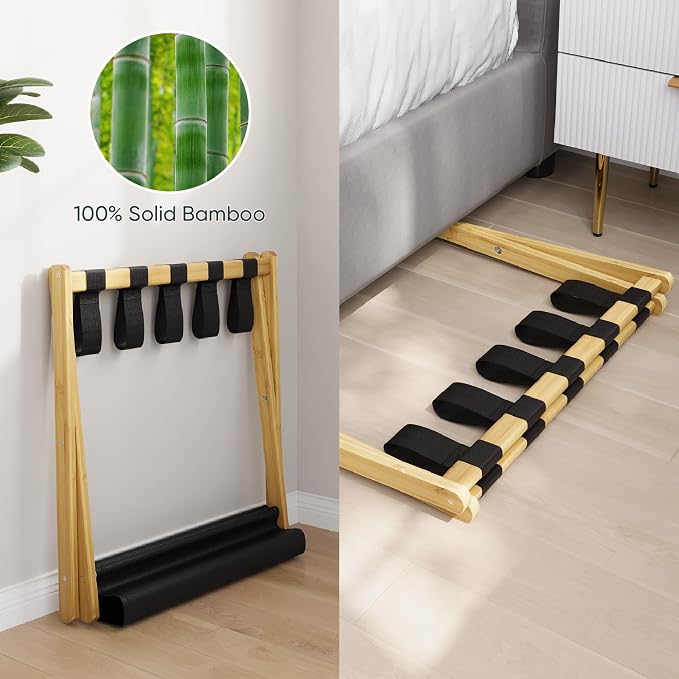 Smart FENDEE Luggage Rack, Folding Luggage Rack for Guest Room, Bamboo Suitcase Stand Holds up to 131 lb, Luggage Stand with Storage Shelf for Hotel, Bedroom (1 Pack)