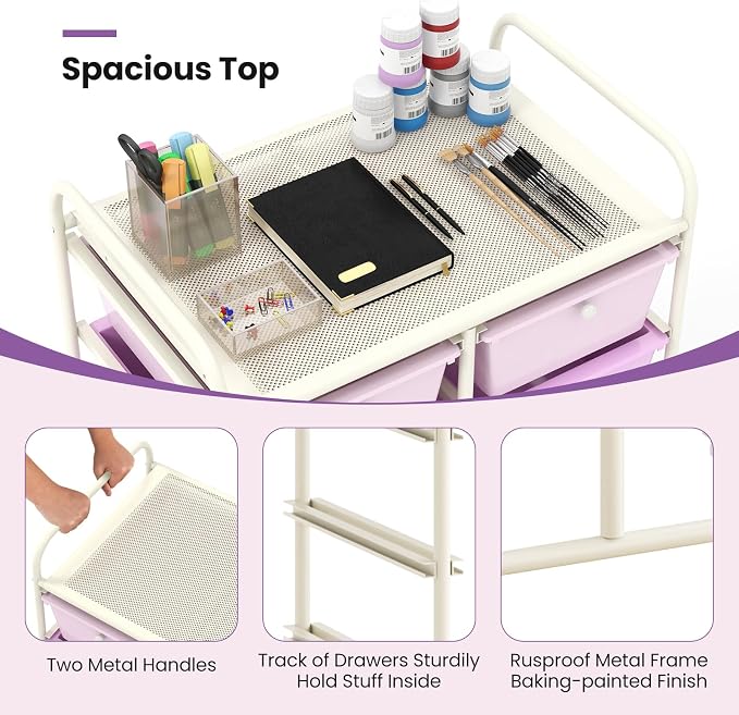 COSTWAY 10 Drawer Rolling Storage Cart, Utility Cart with Lockable Wheels | Mobile Art Supply Craft Organizer with Metal Frame, Multipurpose Drawer Cart for Paper for Office, School, Purple Gradient