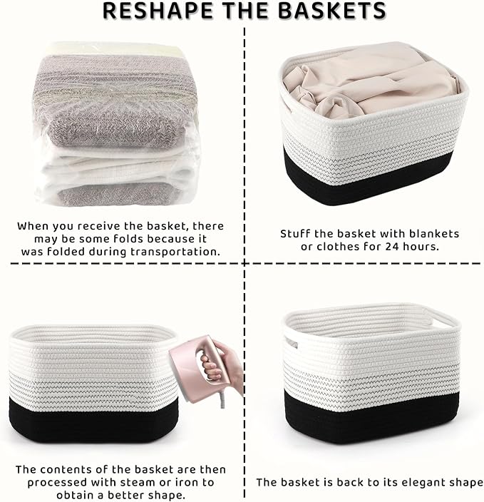 4 Pack Storage Baskets for Organizing, 11''Lx9''Wx8''H Woven Baskets for Storage Toys, Towels, Books, and Clothes, Cotton Rope Basket for Shelves with Handle White & Brown